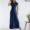 Robes décontractées Femmes Denim Robe Solide Couleur Split Été Poches à poitrine unique Maxi Streetwear Lady Revers Slit Pocket Big Swing