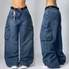 Women's Jeans Y2K Fashion Harajuku Big Pocket Washed Solid Color Baggy Men And Women Street Retro Gothic High Waisted Wide Leg Trousers