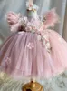 Flickaklänningar rosa knälängd blommig junior brudtärna tyllklänning för bröllopsfjäderfödelsedagsfest prinsessa boll klänning 1-14