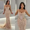 Luxury champagne mermaid Evening Dresses pearls straps Formal Prom dress beading lace dubai arabic red carpet gown Robe De Soiree