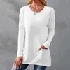 Women's T-Shirt S-5XL size O-neck long sleeved womens top autumn and winter black casual loose solid womens shirt white with pockets 240322