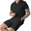 Herrespår avslappnad lös passform män passar sommardräkt set med v-ringning t-shirt bred ben shorts elastisk midjeband för