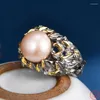 Cluster Rings S925 Sterling Silver Charms For Women Fashion Contrast Colored Hollow Leaves Round Pearl Punk Jewelry