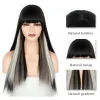 Perruques perruque synthétique longue ligne droite longue perruque frange mixte noir et blanc perruque fibre résistante à la chaleur adaptée aux femmes