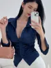 Damenblusen WOMENGAGA Korea 2024 Herbst/Winter Faltige Taille Schlank POLO Kragen Einreiher Satin Hemd Mode Sexy Top VCK6