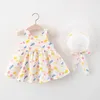 Ensemble de vêtements d'été pour filles, 2 pièces/ensemble, vêtements de plage pour bébés, avec nœud mignon, à carreaux, sans manches, en coton, robe de princesse, chapeau de soleil