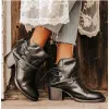 Stivali da donna stivali corti stivali rotondi in pizzo tondo su stivali caviglie tacchi quadrati scarpe femminile stivaletti motociclisti moto botas mujer