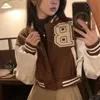 Brown Baseball Fashion Fall Jackets For Women Patchwork Button Black Crop Top Coats Red Varsity Bomber Jacket 240315