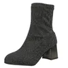 Kadınlar için elbise ayakkabı botları düşük topuk geniş baldır elastik kış yüksek çorap örgü prenses