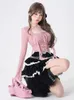 Werk Jurken Roze Y2k Koreaanse Tweedelige Set Vrouwen Bloem Frankrijk Vintage Zoete Rokken Vrouwelijke Lange Mouw Blouse Zwart Party Mini