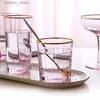 Copas de vino Copa de cóctel rosa creativa nórdica, cristal sin plomo, juego de copas de vino para champán para el hogar, copa de agua para jugo, tetera con borde dorado L240323