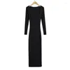 Casual Dresses Bodycon Women Black Sticke Square Neck Long Sleeve Dress Midi Sexig elegant