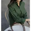 Kvinnors t-shirt tryck Autumn Polo Neck Green Button Elegant Fashion Simple Shirt Womens Långärmad Vintage Solid Full Matching Cardigan 240322