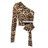Women's T Shirts Women Leopard Print Long Sleeve One Shoulder Crop Tops Lace-up Waist Slim Fit Blouses