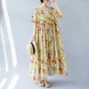 Party Dresses X2042 Summer Large Size Dress For Women Retro Short Sleeve Yellow Flowers Print Pullovers Loose Long