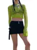 Chronstyle Sexiga kvinnor Summer Sticked Mesh Tshirts Crop Tops Långärmad O Neck Se genom randiga stickkläder Exposed Navel Tees 240318