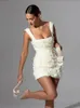 Elegant White 3D Flower Suspender Mini Dress Women ärmlös Axeless BodyCon Vestidos Ladies Fashion Party Evening Dresses 240309