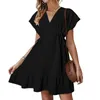 Abiti casual eleganti da donna Mini abito da lavoro lungo a maniche corte con scollo a V con coulisse e volant A Line Swing