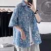 Camisas casuais masculinas verão turn down colarinho impressão meia manga camisa homme solto cardigan topo masculino tendência moda blusa roupas