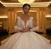 Lindo vestido de noiva de princesa, vestido de casamento transparente com decote em v, lantejoulas, manga comprida, vestido de noiva ilusão, apliques de renda