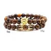 Strand 2st/Set Charm 8mm Natural Tiger Eye Stone Bead Armband Bangle Pave CZ 4 Color Flower Crown Armband för Menwomen Diy Jewelry