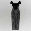 Party Dresses Black Fashion Velvet Square Collar Kort ärmstygn Sympin Pleated Edge Loose Long Hip Dress