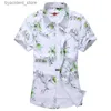 Men's Casual Shirts Summer White Printed Short sleeved Mens Hawaiian Rose Shirt Hawaiian Vacation Camissa Chemical Large S-7xl L240320