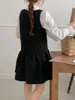 Robes de travail Femmes Deux Pièces Ensembles Tempérament Noeud Noué Chemise Polyvalente Haut Blanc Chemisier Coréen Noir À Pois Gilet Robe Vintage Courte