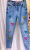 Women's Jeans Luxury European Trendy Handmade Sewing Diamonds Skinny Denim Pants Casual Love Beading Slimming Pantalons