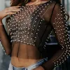 Gtpdpllt Сексуальная прозрачная футболка женская сетка в стиле пэчворк с бриллиантами и жемчугом тонкие футболки элегантные укороченные топы женская весенняя одежда 240313