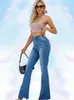 Women's Jeans Elegant Women Flare Stretch Washed Straight Pockets High Waist Denim Pants Moustache Effect