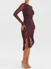 Casual jurken vrouwen sexy open rug bodycon jurk stevige kleur lange mouw onregelmatige ruches zoom lente herfst feest cocktail streetwear