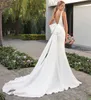 Vintage Long Crepe V-hals Gerarde trouwjurken met boog zeemeermin Ivory Zipper Back Sweep Train Vestidos de Novia Abendkleider Bridal Jurys for Women