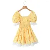Party Dresses 2024 Princess Yellow Cherry Print Spliced ​​Spets Corset Style Mini Dress Women Puff Sleeve Slim Midje Ruffle Hem Cake Robe