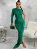 Casual Dresses Kexu One Long Sleeve Ruched Side High Split Maxi Sexig Night Dress Asymmetical Women Party Prom Vestidos de Verano Mujer