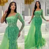 Dubai arabic green mermaid Evening Dresses with overskirt one shoulder Formal Prom dress beading lace luxury red carpet gown ruffles Robe De Soiree