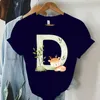 Damen-T-Shirt Dunkelblaues Damen-T-Shirt mit süßen kleinen Tierbuchstaben A-Z Mädchen-T-Shirt Y2k-Kurzarm-Harajuku-Mode-T-Shirt 240323