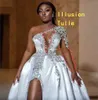 Luxury One Shoulder Satin A Line Wedding Dresses With Sweep Train Beading Lace Side High Slit Sexy Vestidos De Novia African Long Sleeve Bridal Gowns for Bride