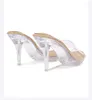 Klänningskor Bimooth Summer Sexy Women Sandels Super High Heels Modelshoes Brand PVC Footwear Fashion Show Cloth Print GH201