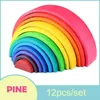 Sorting Nesting Stacking toys Big 12 Rainbow Stacker Nest Puzzle Toys Tunnel Games Montessori Baby Wooden House Building Blocks Childrens 24323