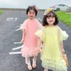 Kız Elbiseleri 2024 Yaz Koreli Güzellik Kız Elbise Sevgili Bem Sleeve Çocuk Prenses Elbise Düz Renk İki Ayayılı Kabarcık Kısa Kollu Kız Kız Elbise 24323