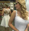 Elegant Short Wedding Dress Knee Length Tank Beaded Lace Applique Tulle Sheer Neck Beach Bridal Gowns Real Photo