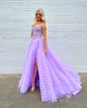 Lavendel en linje prom klänning puffy tiered kjol älskling formella aftonklänningar eleganta lår delade klänningar för speciella tillfällen tyllrock de soiree