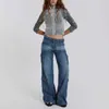 Streetwear 6 Pockets Low Rise Belt Cargo Pants Women Wide Leg Washed Denim Jeans