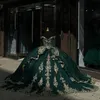 Siyahımsı yeşil parlak quinceanera elbiseler altın aplikler dantel boncuklar dantelli korse balo sweet 16 vestido de 15 anos