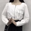 Blusas femininas escuro goth moda feminina camisa de manga longa gola quadrada zíper retalhos estilo gótico senhoras blusa para início da primavera 2024