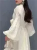 Fairycore vestido para mulheres elegante decote em v manga longa solto bordado vestidos moda vintage francês branco primavera 240320