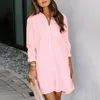 Casual Dresses Women Dress Solid Long Sleeve Turtleneck Pocket Shirt Split Hem Loose With Button Vestidos