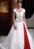 Vintage White And Red Wedding Dress 2022 Lace Embroidery Buttons Cap Short Sleeve A Line Stain Bridal Gowns Court Train Country Chapel Bride Dresses Vestidos De Novia