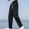 Calças masculinas de algodão linho tornozelo comprimento verão cor sólida respirável calças masculinas casual cintura elástica harajuku fitness